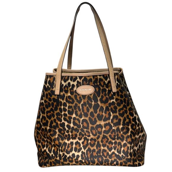 Coach Leopard Cheetah Animal Print City Tote Coated Canvas Leather Leather Trim - Picture 5 of 10